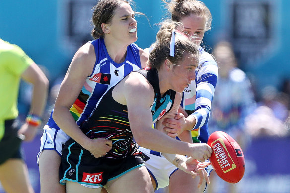 Port Adelaide’s Maria Moloney under pressure. 