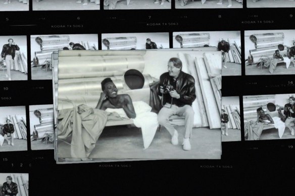 A contact sheet of Helmut Newton with model Grace Jones, by Kino Lorber.