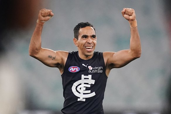Eddie Betts celebrates on the final siren. 