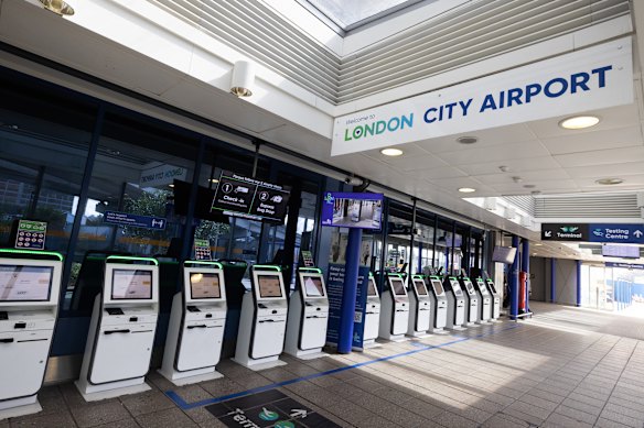 Check-in stations at London City Airport.
