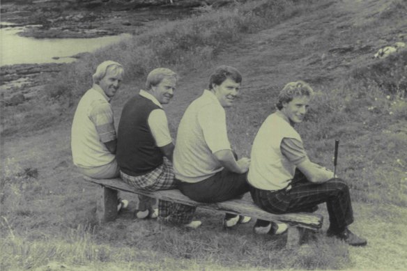 Greg Norman, Jack Nicklaus, Andy Bean and Bernard Langer, take a break during practice for the British Open on July 16, 1986.