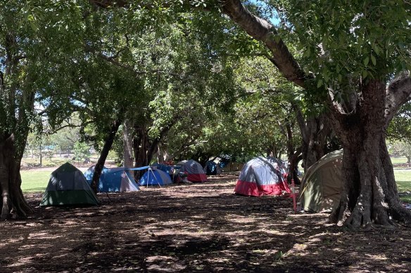 Tents in South Brisbane’s Musgrave Park a few kilometres from the city’s CBD.