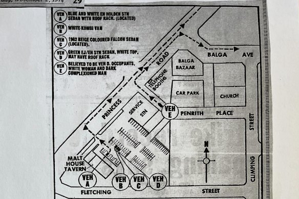 This map shows an aerial of the Malthouse Tavern, with police marking where a number of cars were parked around the last time Gwen was seen. Vehicle D and E were the two never located.