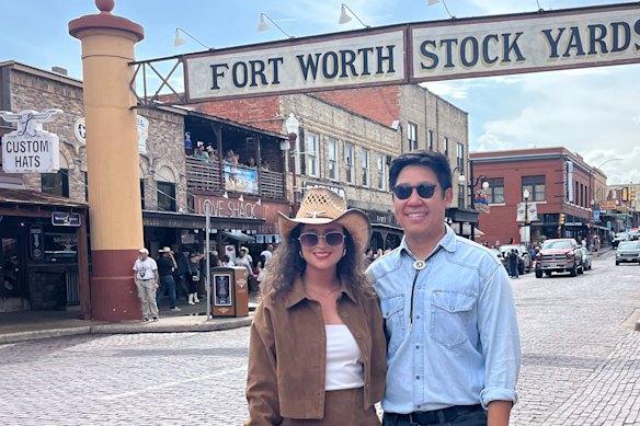 Edwina Frost, left, dressed in her best cowboy attire at the stockyards in Fort Worth, Texas. 