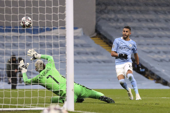 Riyad Mahrez scores City’s second goal of the night.