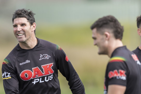 Trent Barrett is all smiles at Panthers training on Tuesday.