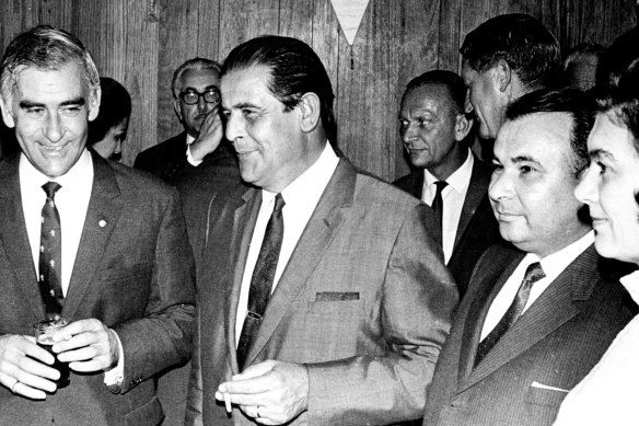 L - R: Immigration Minister, Billie Snedden, Mr Karel Franc, the President of the Prague Soccer club, Mr. Horner & Mrs Franc,  May 14, 1969. 