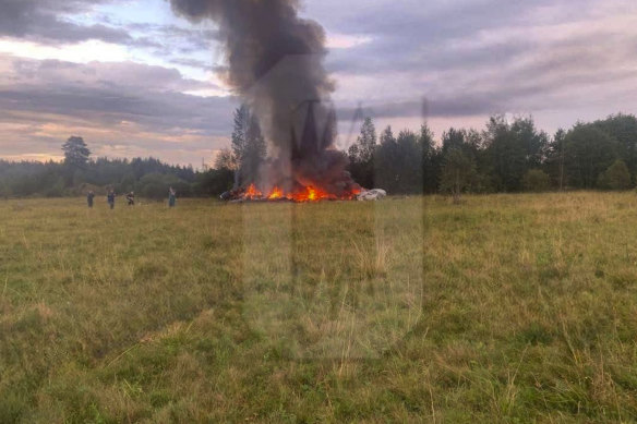 This image released by Russian media Ostorozhno Novosti shows the crash site of a private jet near the village of Kuzhenkino.