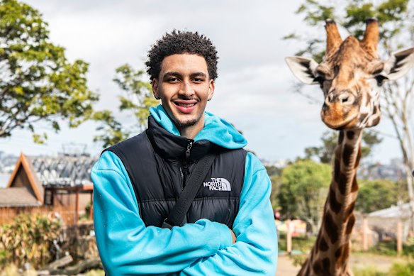 Sydney-raised NBA player Tyrese Proctor with Jimmyu the giraffe at Taronga Zoo.