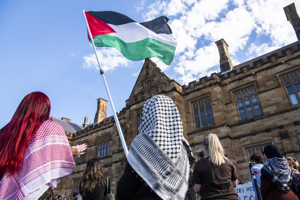 Sydney Uni students at a pro-Palestinian encampment on the university quadrangle. 
