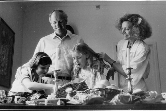Christmas 1985 in the Spender household: Allegra Spender (left) and sister Bianca, with mother Carla Zampatti and father John Spender.