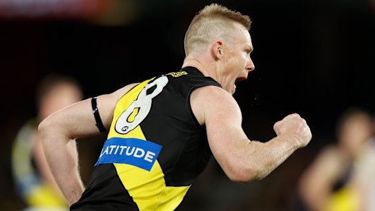 Jack Riewoldt celebrates a goal against the Kangaroos on Saturday.