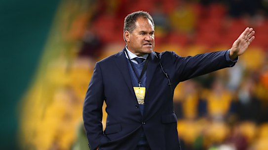 BRISBANE, AUSTRALIA - JULY 07: Wallabies Head Coach Dave Rennie looks on during the international Test match between the Australia Wallabies and France at Suncorp Stadium on July 07, 2021 in Brisbane, Australia. (Photo by Chris Hyde/Getty Images)