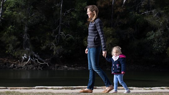 Blanche Sadler with Daughter Alice, 2, enjoying a morning stroll in the Ku-ring-gai Chase National Park, near Sydney. 
