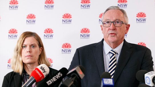 Health Minister Brad Hazzard and Dr Kerry Chant speak to the press at NSW Ministry for Health in Sydney on Monday, March 16, 2020.