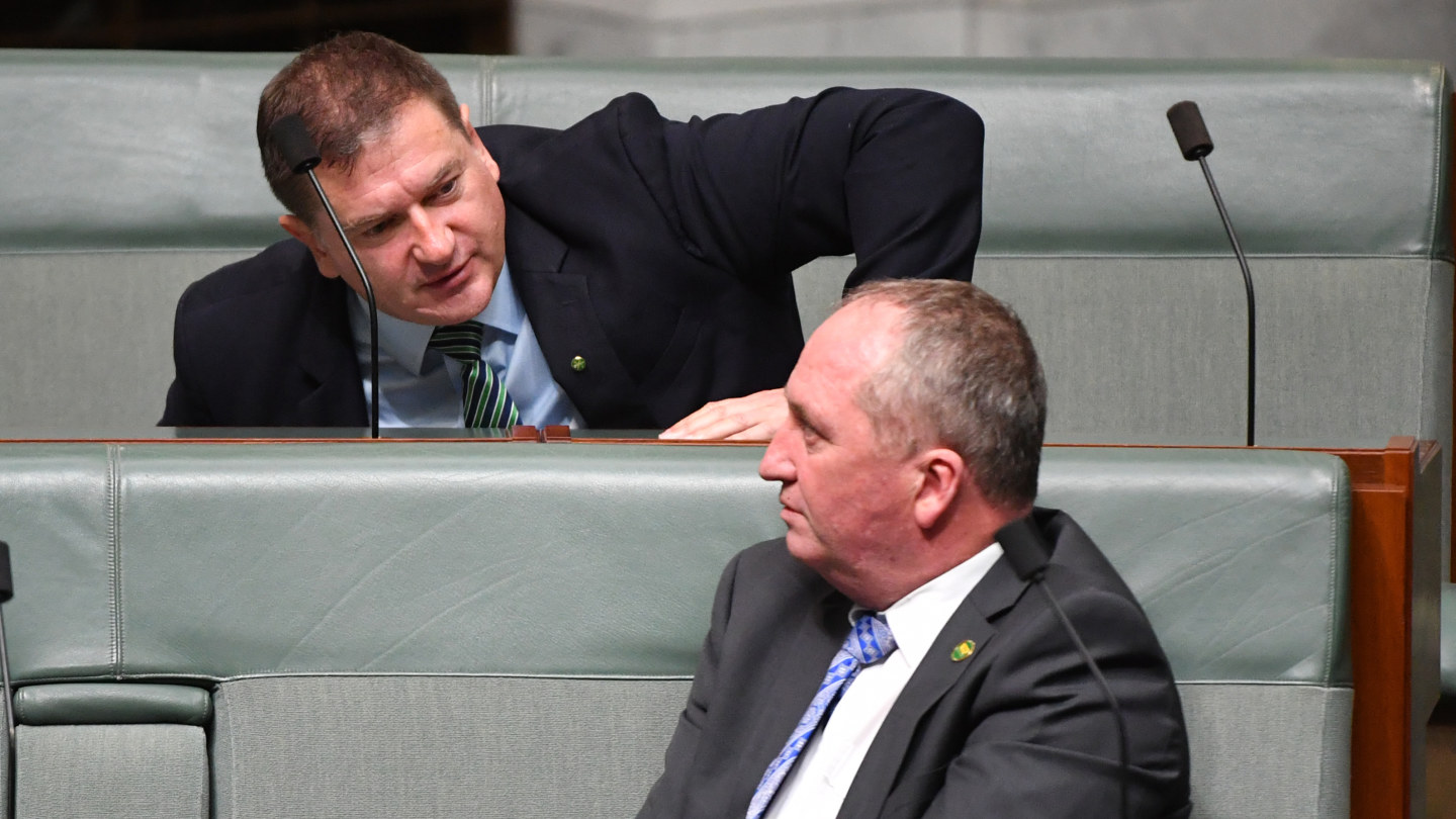 Nationals Member for Wide Bay Llew O'Brien and Nationals member for New England Barnaby Joyce during Question Time in the House of Representatives at Parliament House in Canberra on Monday.