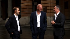 Palisade Investment Partners Managing Director James Hann, CEO Roger Lloyd and Executive Director Simon Parbery in Martin Place, Sydney on Monday.

