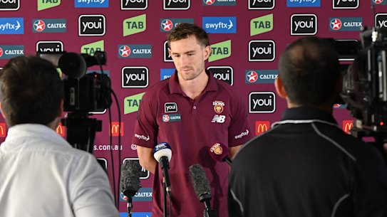 Brisbane Lions co-captain Harris Andrews speaks to media on easter Monday.