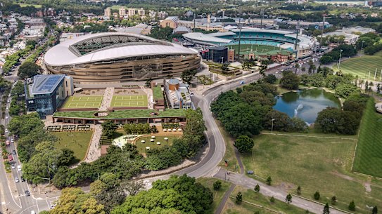 An artist’s impression of the ‘village precinct’ and underground car park to be built next to the new Sydney Football Stadium at Moore Park.
