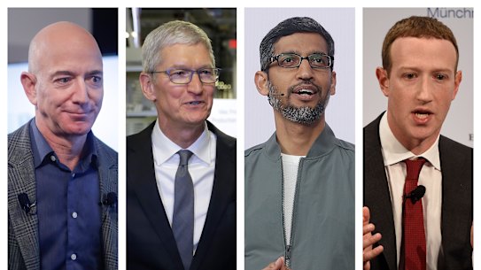 Having their Big Tobacco moment: Amazon CEO Jeff Bezos, Apple CEO Tim Cook, Google CEO Sundar Pichai and Facebook CEO Mark Zuckerberg. 