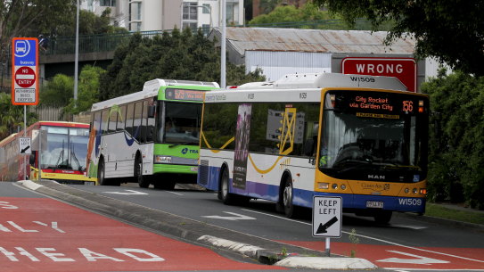 Buses on the Eastern Busway at Woolloongabba.