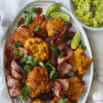 Neil Perry’s fried sweetcorn cakes with bacon, avocado and maple syrup.