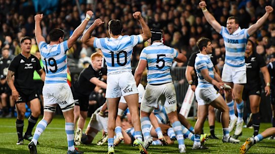 Argentina celebrate their Rugby Championship victory over New Zealand.