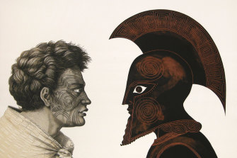 A modern take:  ‘Ko wai koe?, 2003, lithograph by Marian Maguire from the series ‘The Odyssey of Captain Cook’. 