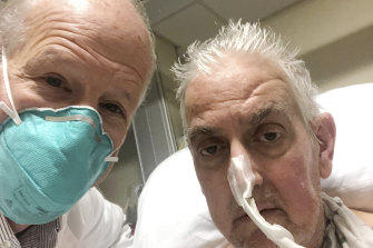 University of Maryland School of Medicine’s Dr Bartley Griffith takes a selfie photo with David Bennett snr, who received a pig heart.