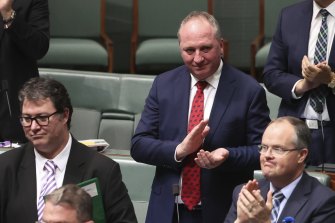 Nationals MP Barnaby Joyce during applause for Nationals MP Michael McCormack following question time.