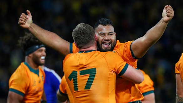 Taniela Tupou celebrates.