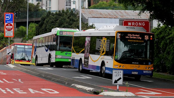 Buses on the Eastern Busway at Woolloongabba.
