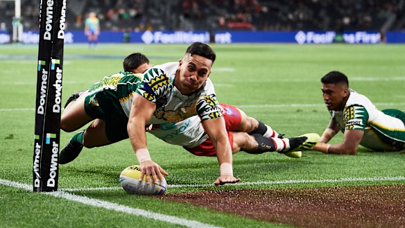 What a win: Kayal Iro scores for Cook Islands against Tonga on Friday night.