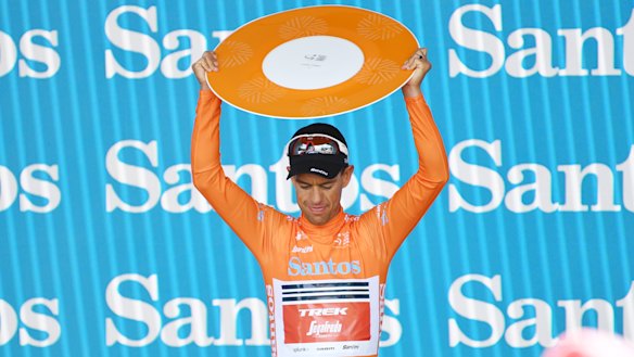 Riding high: Richie Porte celebrates on the podium after winning the overall title in the Tour Down Under.