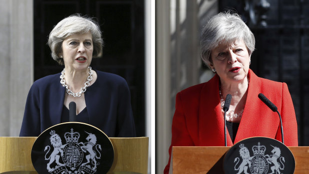 Theresa May on the day she became British Prime Minister (left) and announcing her resignation (right). 