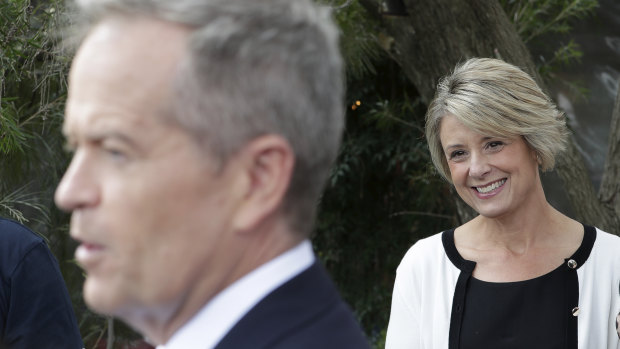 Kristina Keneally listens as Bill Shorten holds a campaign press conference. 