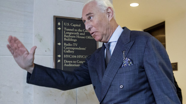 President Donald Trump associate Roger Stone arrives to testify before the House Intelligence Committee, on Capitol Hill in Washington in 2017.