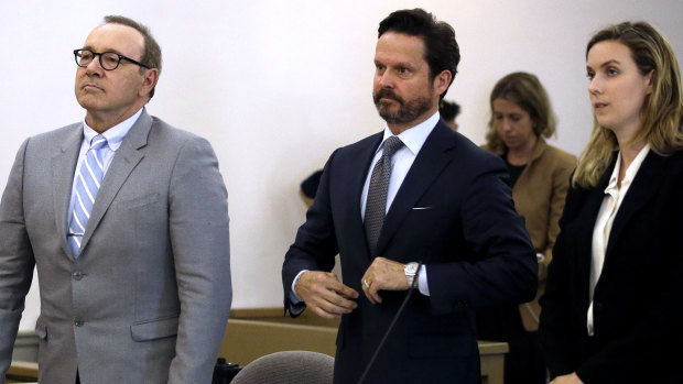 Actor Kevin Spacey stands beside attorney Alan Jackson at a pre-trial hearing on Monday.