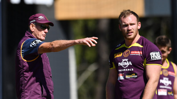 Guiding hand: Wayne Bennett shows Matt Lodge the way at training.