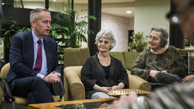 Bill Shorten with residents of Goodwin Aged Care in Canberra last year. 