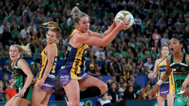 Laura Scherian of the Lightning   gets possession during the Super Netball Grand Final.