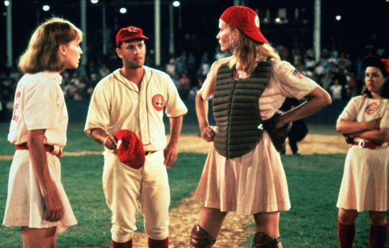 Lori Petty, left, Tom Hanks, Geena Davis and Rosie O’Donnell in A League of their Own.