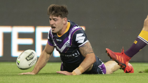 Curtis Scott scores for Storm against Brisbane in round one  at AAMI Park last Thursday.