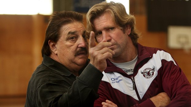 Prodigal son: Des Hasler, right, with Manly official Peter Peters before his exit from the club.
