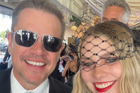 Matt Damon at Victoria Derby Day on Saturday with race goer Adriana Perri.