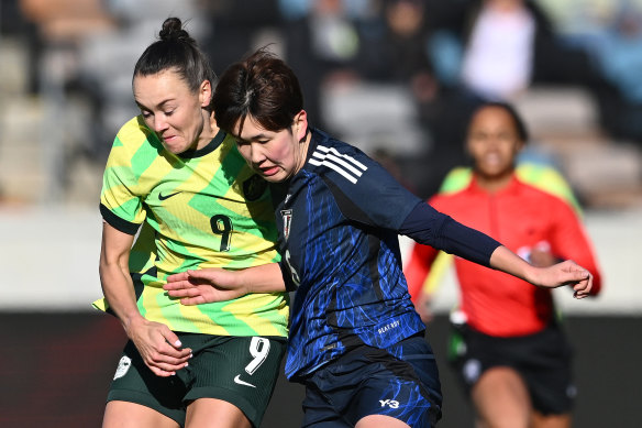 Caitlin Foord fights Toko Koga for the ball.