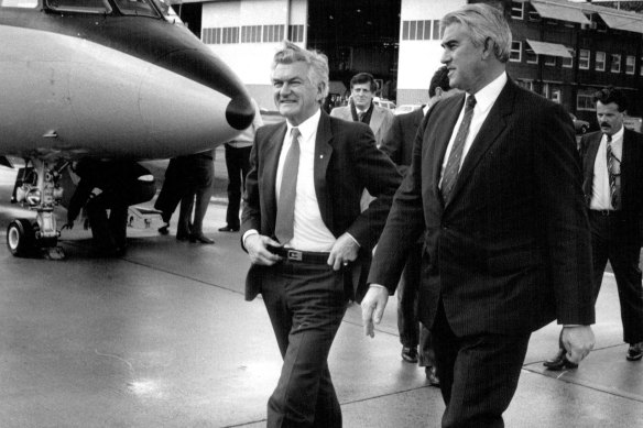 John Kerin as minister for primary industry with then-prime minister Bob Hawke in 1986.