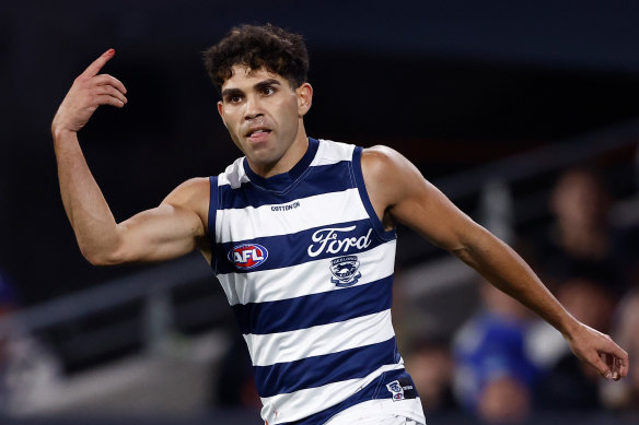 Tyson Stengle goals for Geelong against the Western Bulldogs.