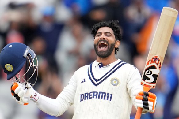 Ravindra Jadeja celebrates his century.