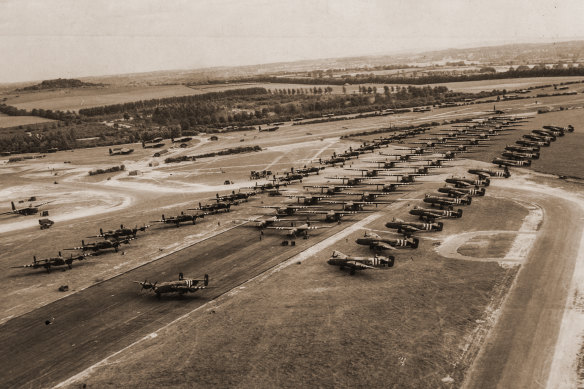Bladin’s Halifax bomber prepares to tow the first of a wave of gliders from a British airfield to Normandy on D-Day.